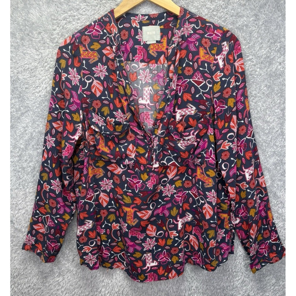 Maeve Anthropologie Womens 12 Blouse Rayon Animal Floral Print Boho Long Sleeve